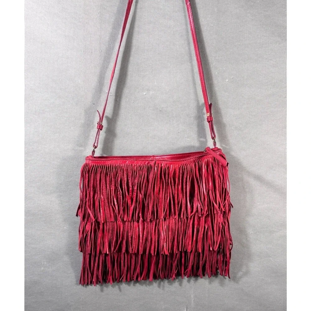 Zara Woman Red Genuine Leather Fringe Bohemian Crossbody